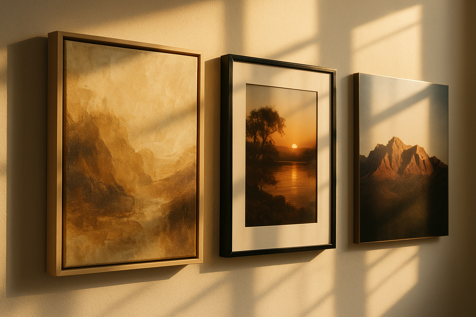 Drie schilderijen aan een muur met zonlicht en schaduwen: een canvas met aardetinten, een ingelijste zonsondergangsposter en een metalen berglandschap.
