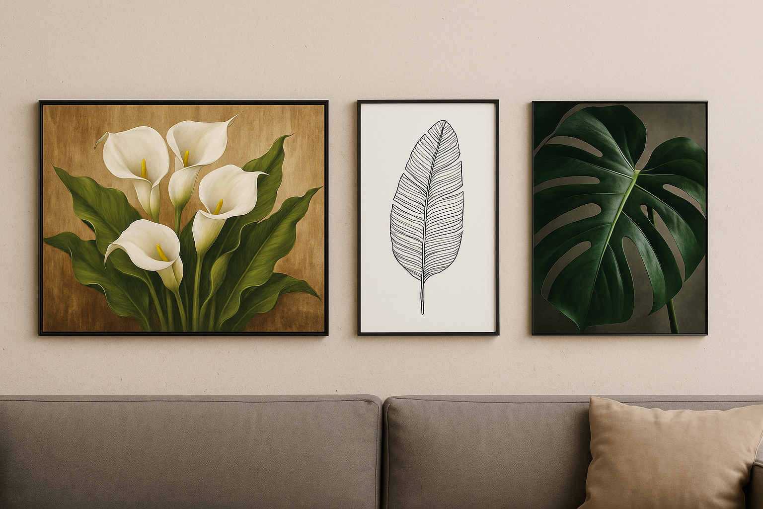 Drie schilderijen boven een grijze bank: een bloemenschilderij, een lijntekening van een blad, en een foto van een monstera-blad.