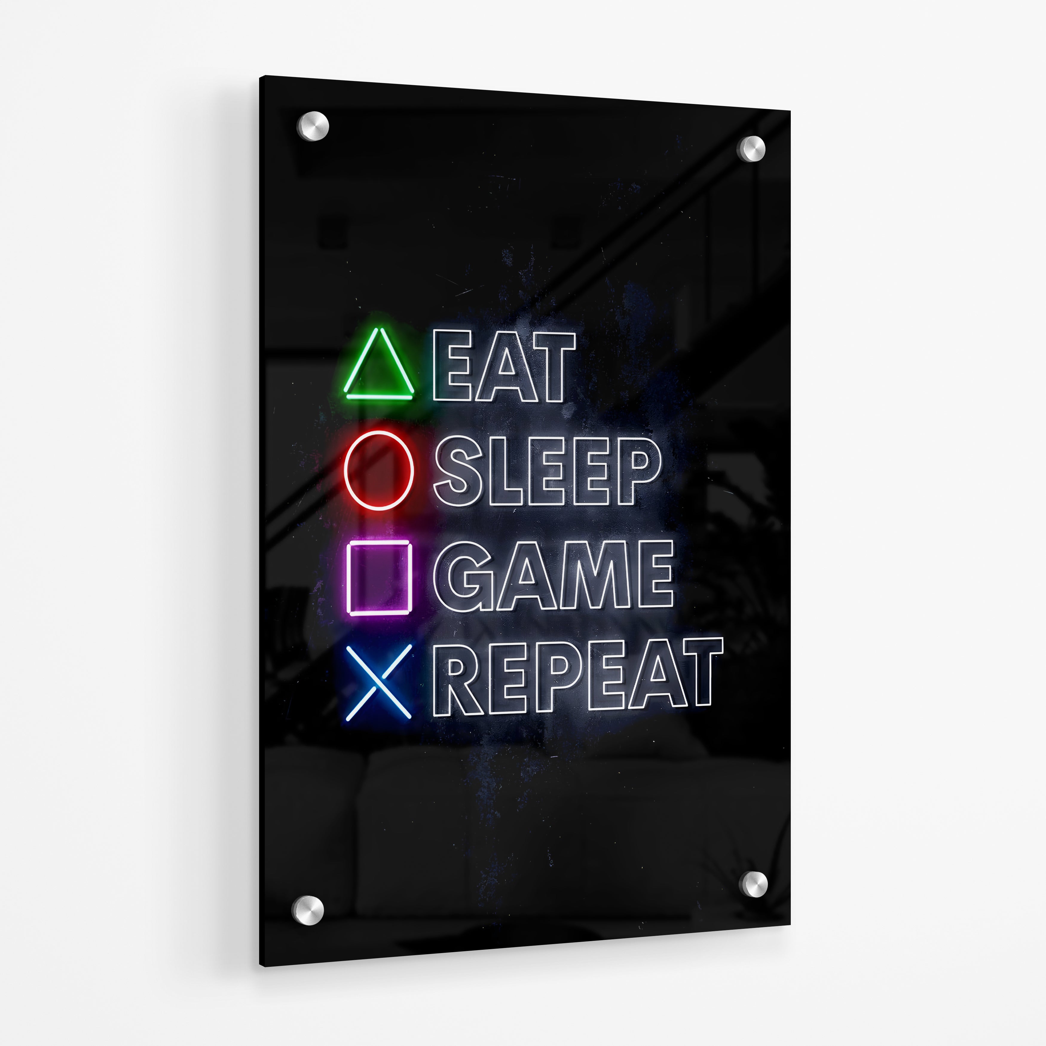 Eat Sleep Game Repeat Glas Schilderij - Inclusief Ophangsysteem