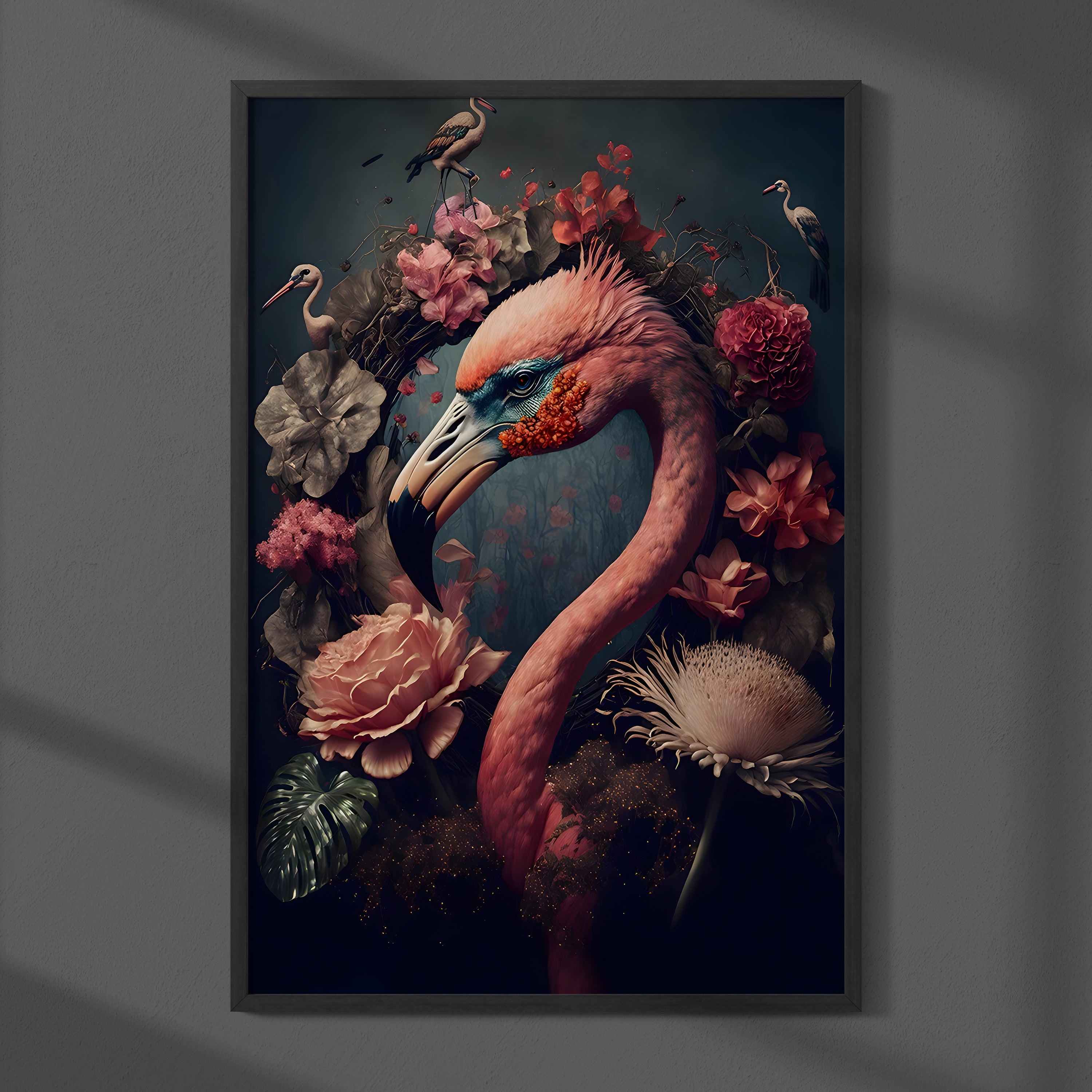 Flamingo omgeven door Weelderige Tropische Bloemen – Elegantie in Beeld